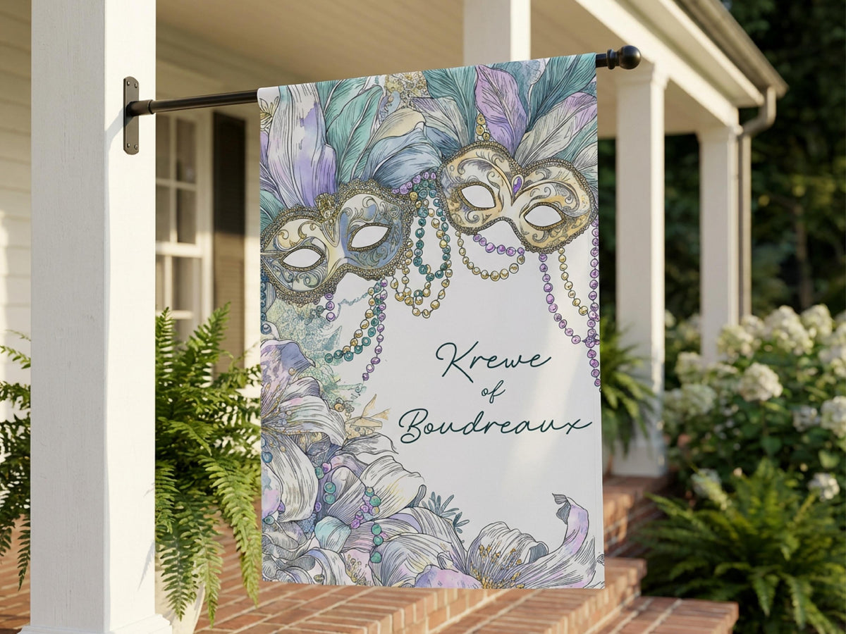 Mardi Gras Garden Flag Masquerade Masks Beads Watercolor New Orleans Decor Laissez Les Bons Temps Rouler Krewe Personalized Yard Banner Sign - Charles Alex