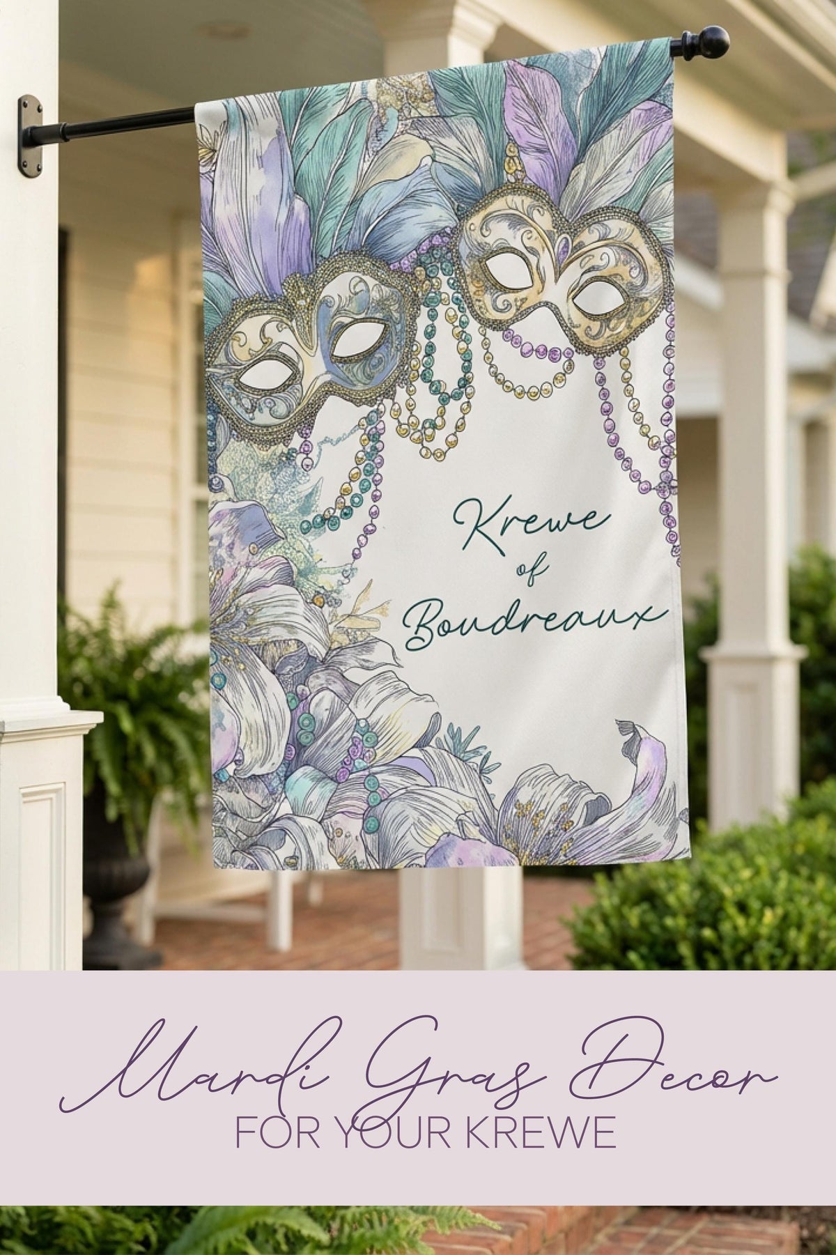 Mardi Gras Garden Flag Masquerade Masks Beads Watercolor New Orleans Decor Laissez Les Bons Temps Rouler Krewe Personalized Yard Banner Sign - Charles Alex