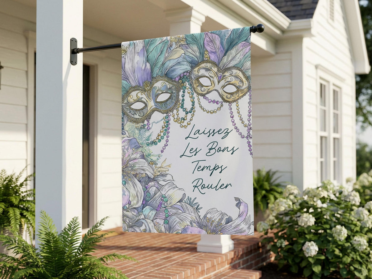 Mardi Gras Garden Flag Masquerade Masks Beads Watercolor New Orleans Decor Laissez Les Bons Temps Rouler Krewe Personalized Yard Banner Sign - Charles Alex
