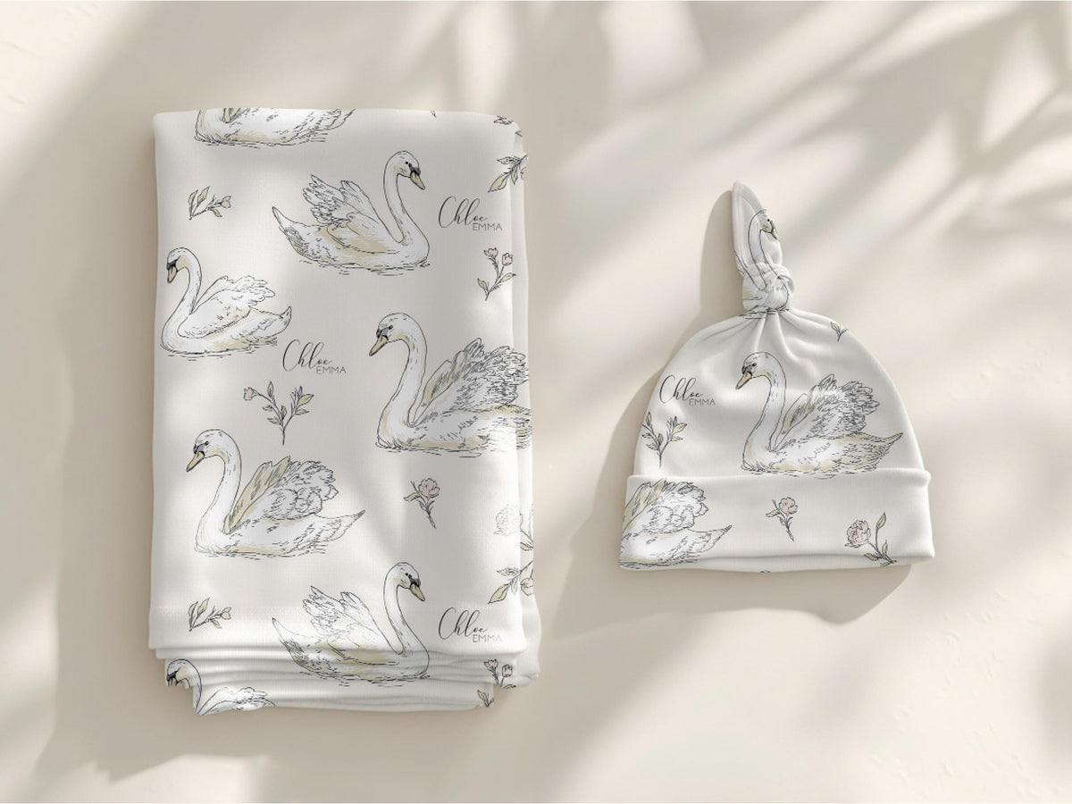 Personalized Swan Baby Swaddle Set Name Newborn Girl Hospital Outfit Custom Blanket Beanie Keepsake Shower Gift Heirloom Nursery Decor - Charles Alex