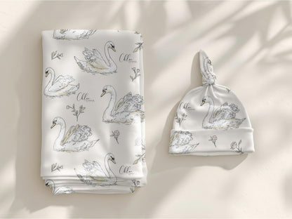 Personalized Swan Baby Swaddle Set Name Newborn Girl Hospital Outfit Custom Blanket Beanie Keepsake Shower Gift Heirloom Nursery Decor - Charles Alex