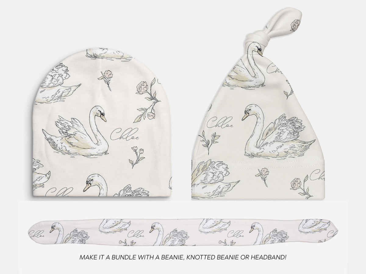 Personalized Swan Baby Swaddle Set Name Newborn Girl Hospital Outfit Custom Blanket Beanie Keepsake Shower Gift Heirloom Nursery Decor - Charles Alex