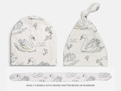 Personalized Swan Baby Swaddle Set Name Newborn Girl Hospital Outfit Custom Blanket Beanie Keepsake Shower Gift Heirloom Nursery Decor - Charles Alex