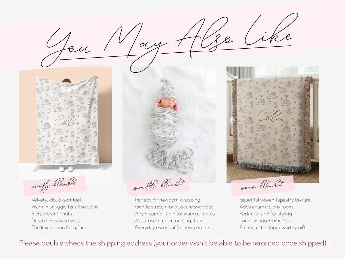 Personalized Swan Baby Swaddle Set Name Newborn Girl Hospital Outfit Custom Blanket Beanie Keepsake Shower Gift Heirloom Nursery Decor - Charles Alex