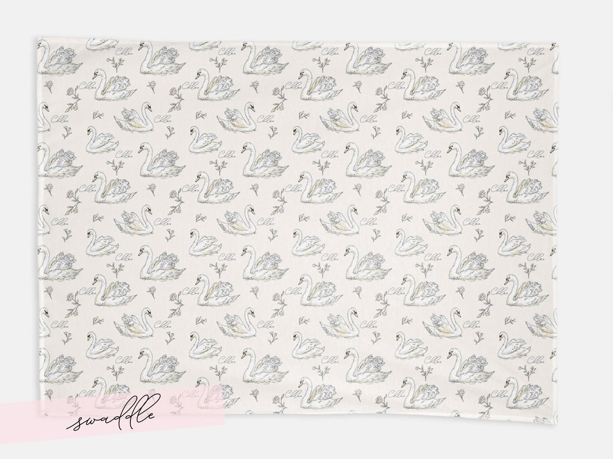 Personalized Swan Baby Swaddle Set Name Newborn Girl Hospital Outfit Custom Blanket Beanie Keepsake Shower Gift Heirloom Nursery Decor - Charles Alex