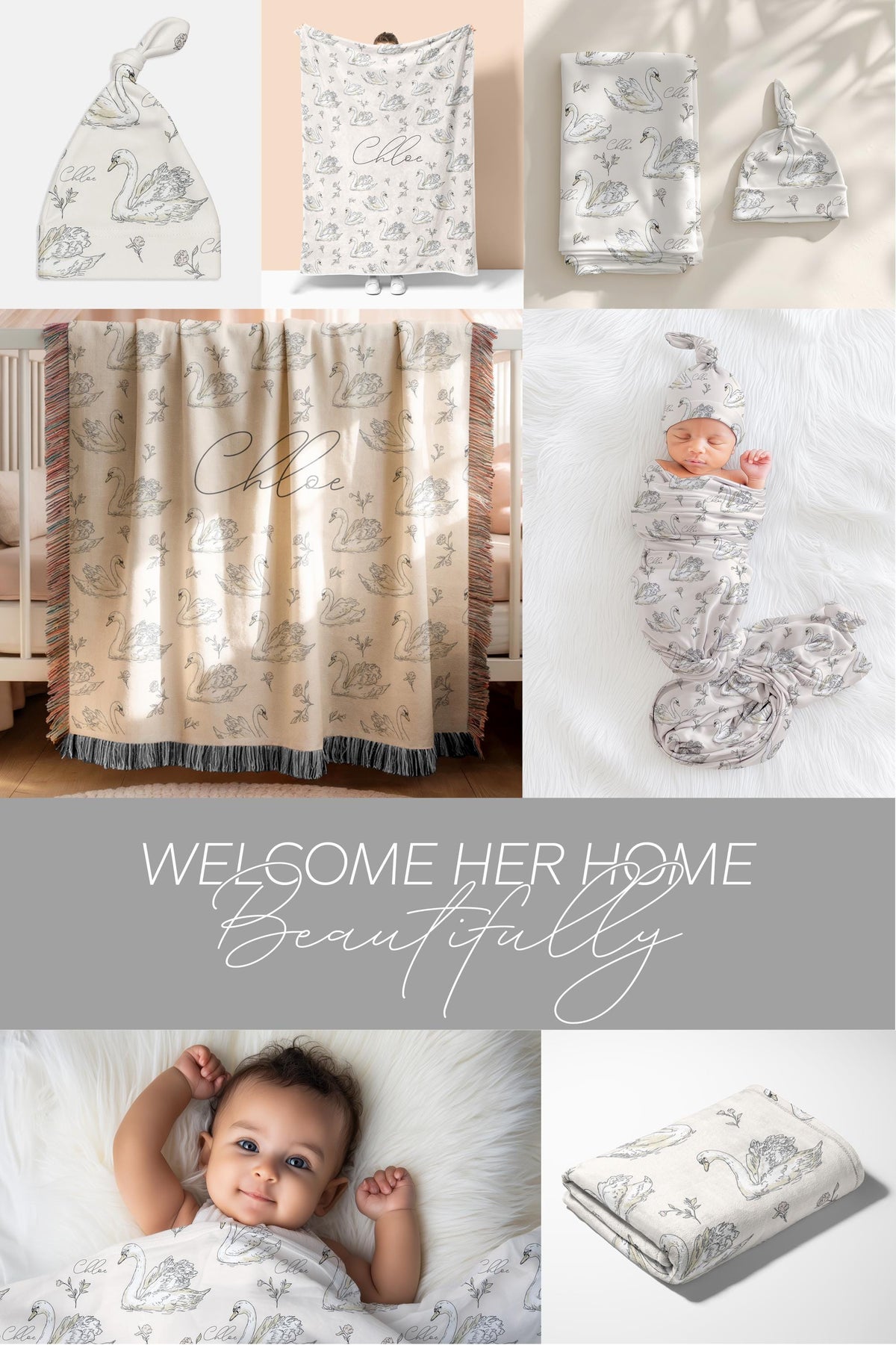 Personalized Swan Baby Swaddle Set Name Newborn Girl Hospital Outfit Custom Blanket Beanie Keepsake Shower Gift Heirloom Nursery Decor - Charles Alex