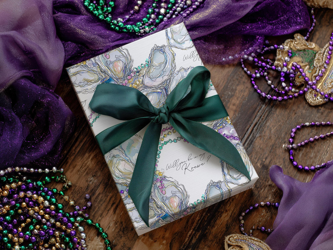 Mardi Gras Oyster Wrapping Paper Personalized New Orleans Beads Gift Wrap Coastal Fat Tuesday Party Supplies Classy Coastal Hostess Present