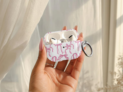 Coquette Bow AirPods Case Cover Pink Ribbon Print Cute Glossy Protective Earbud Feminine Tech Accessory Gift for Her Stylish Custom Present