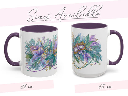 Mardi Gras Coffee Mug Mask Beads Watercolor Floral Green Carnival NOLA Lover New Orleans Gift Ceramic Purple Accent Handle Hostess Present - Charles Alex