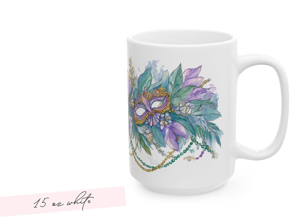 Mardi Gras Coffee Mug Mask Beads Watercolor Floral Green Carnival NOLA Lover New Orleans Gift Ceramic Purple Accent Handle Hostess Present - Charles Alex