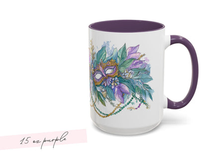Mardi Gras Coffee Mug Mask Beads Watercolor Floral Green Carnival NOLA Lover New Orleans Gift Ceramic Purple Accent Handle Hostess Present - Charles Alex