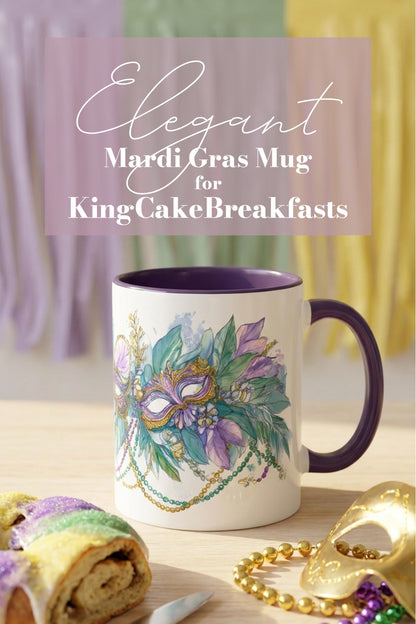 Mardi Gras Coffee Mug Mask Beads Watercolor Floral Green Carnival NOLA Lover New Orleans Gift Ceramic Purple Accent Handle Hostess Present - Charles Alex