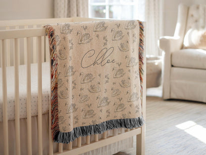 Elegant Swan Baby Blanket Personalized Minky Name Neutral Nursery Decor Heirloom Keepsake Woven Throw Newborn Girl Gift Sherpa Crib Bedding - Charles Alex