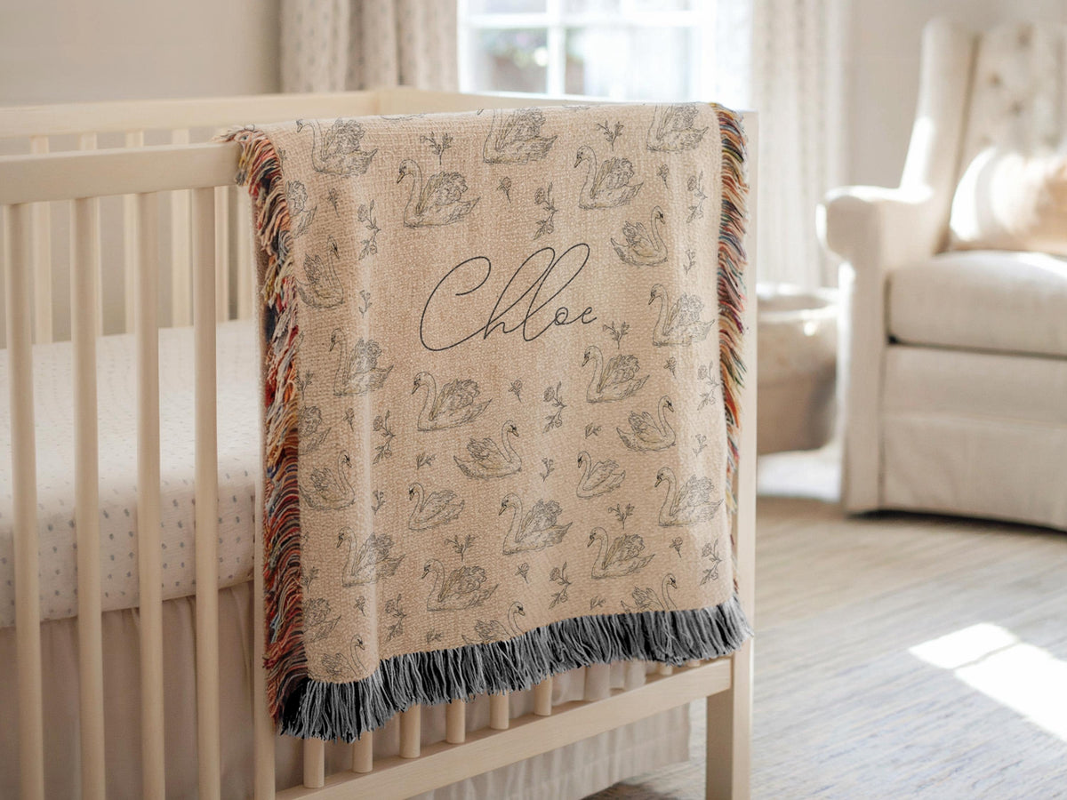Elegant Swan Baby Blanket Personalized Minky Name Neutral Nursery Decor Heirloom Keepsake Woven Throw Newborn Girl Gift Sherpa Crib Bedding - Charles Alex