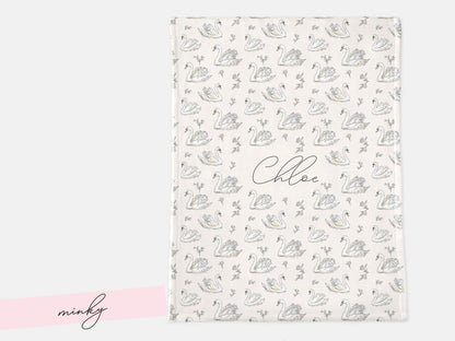 Elegant Swan Baby Blanket Personalized Minky Name Neutral Nursery Decor Heirloom Keepsake Woven Throw Newborn Girl Gift Sherpa Crib Bedding - Charles Alex