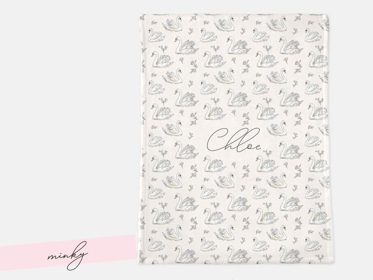 Elegant Swan Baby Blanket Personalized Minky Name Neutral Nursery Decor Heirloom Keepsake Woven Throw Newborn Girl Gift Sherpa Crib Bedding - Charles Alex