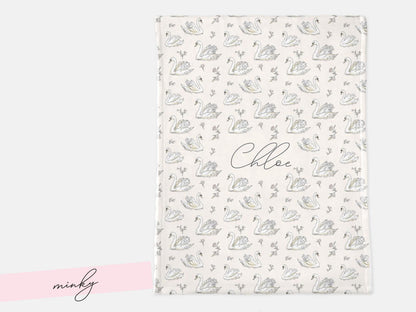 Elegant Swan Baby Blanket Personalized Minky Name Neutral Nursery Decor Heirloom Keepsake Woven Throw Newborn Girl Gift Sherpa Crib Bedding - Charles Alex
