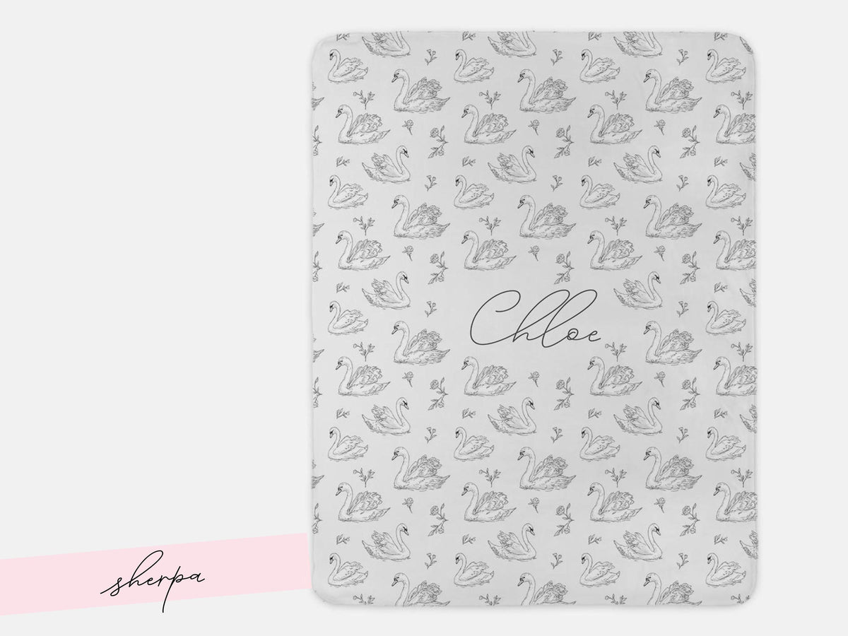 Elegant Swan Baby Blanket Personalized Minky Name Neutral Nursery Decor Heirloom Keepsake Woven Throw Newborn Girl Gift Sherpa Crib Bedding - Charles Alex
