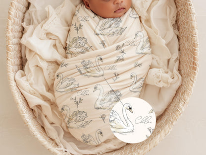 Personalized Swan Baby Swaddle Set Name Newborn Girl Hospital Outfit Custom Blanket Beanie Keepsake Shower Gift Heirloom Nursery Decor - Charles Alex