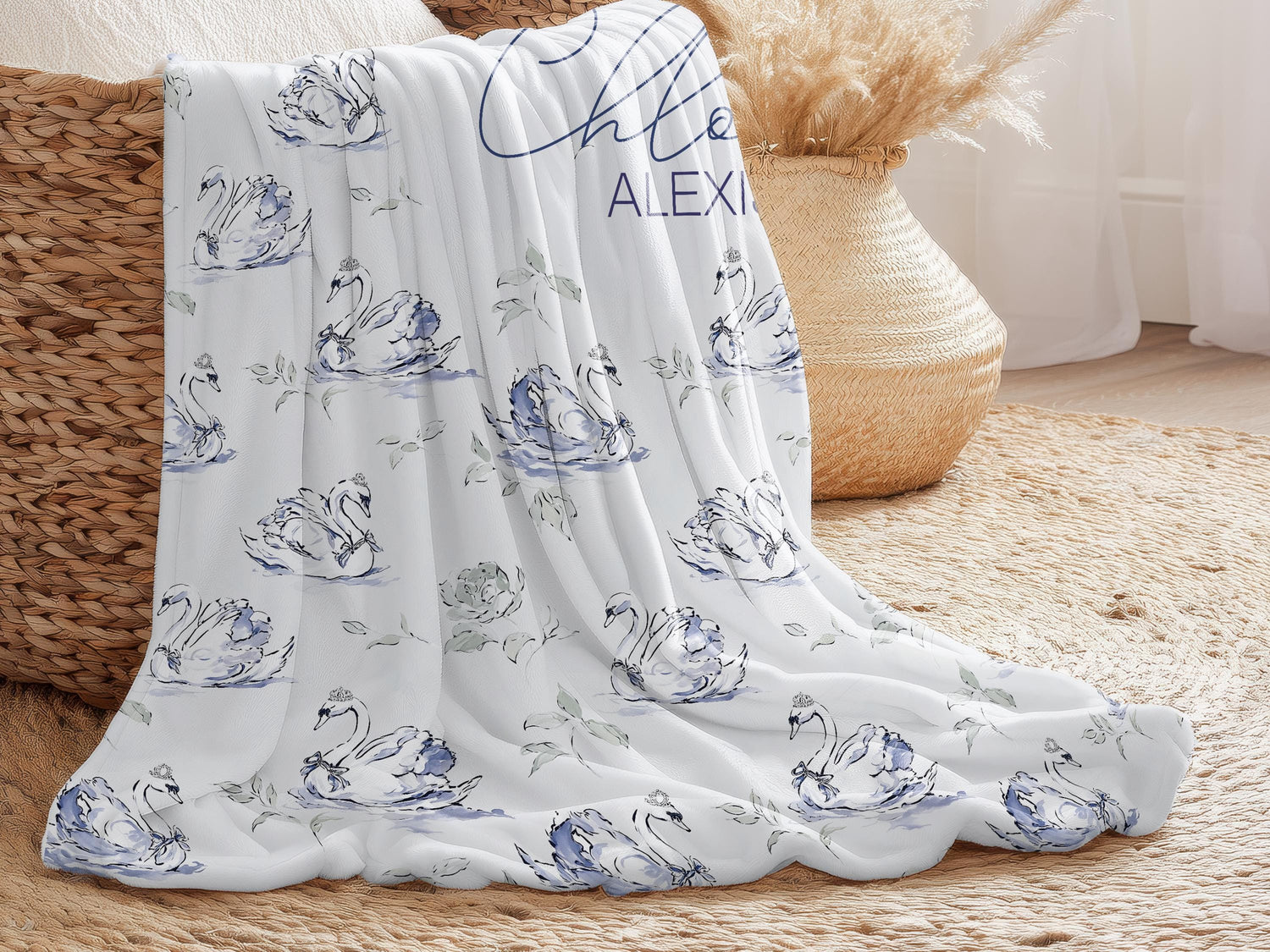 Swan Baby Blanket Personalized Elegant Girl Swaddle Newborn Name Keepsake Nursery Accent Timeless Hospital Welcome Gift