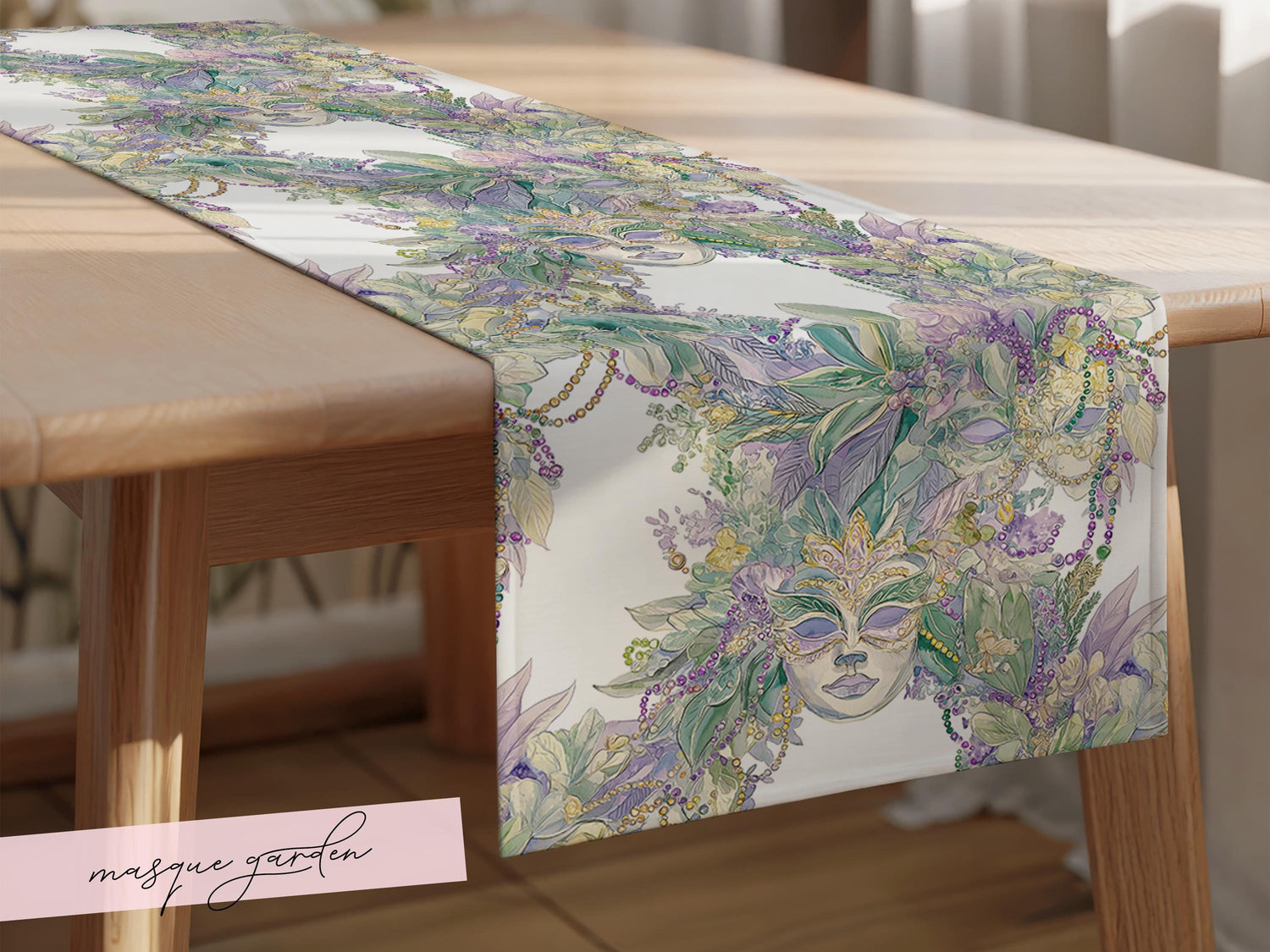 Mardi Gras Table Runner Elegant Masquerade Floral Decor New Orleans Carnival Dining Table Centerpiece Hostess Gift Sophisticated Mask Beads - Charles Alex