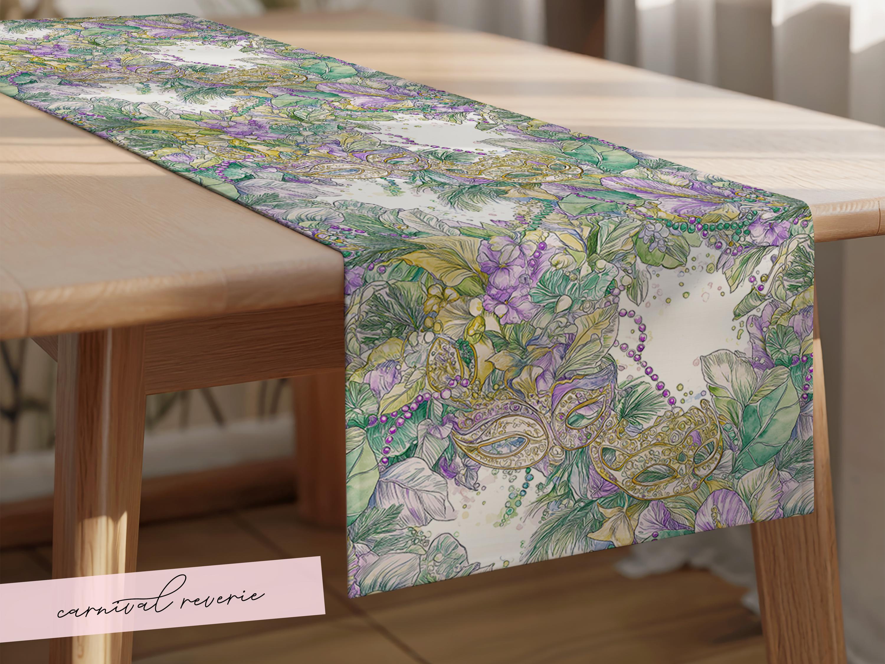 Mardi Gras Table Runner Elegant Masquerade Floral Decor New Orleans Carnival Dining Table Centerpiece Hostess Gift Sophisticated Mask Beads - Charles Alex