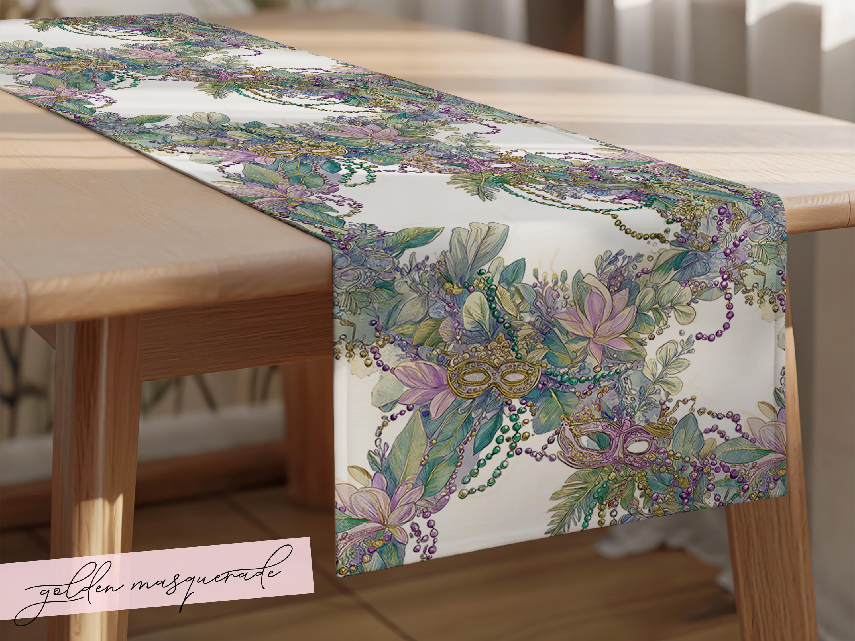 Mardi Gras Table Runner Elegant Masquerade Floral Decor New Orleans Carnival Dining Table Centerpiece Hostess Gift Sophisticated Mask Beads - Charles Alex