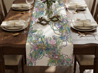 Mardi Gras Table Runner Elegant Masquerade Floral Decor New Orleans Carnival Dining Table Centerpiece Hostess Gift Sophisticated Mask Beads - Charles Alex