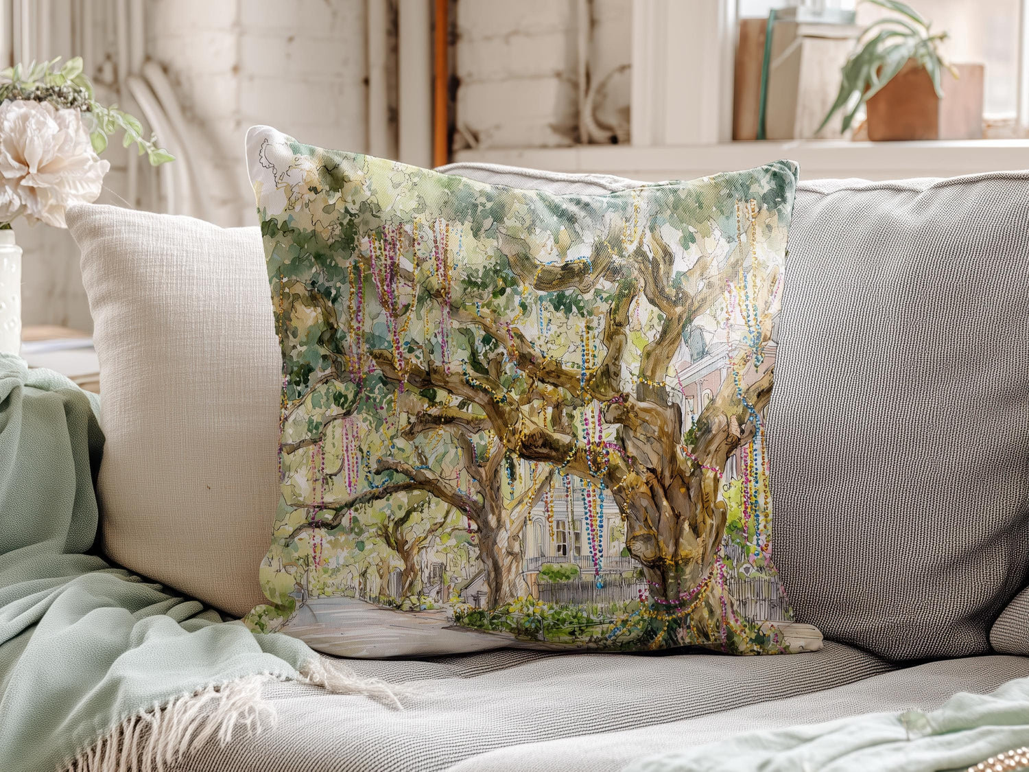 Bead Tree Mardi Gras Pillow Cover Hostess Gift Carnival Season Guest Room Decor Festive Print Throw Cushion Southern Home Interior Design - Charles Alex