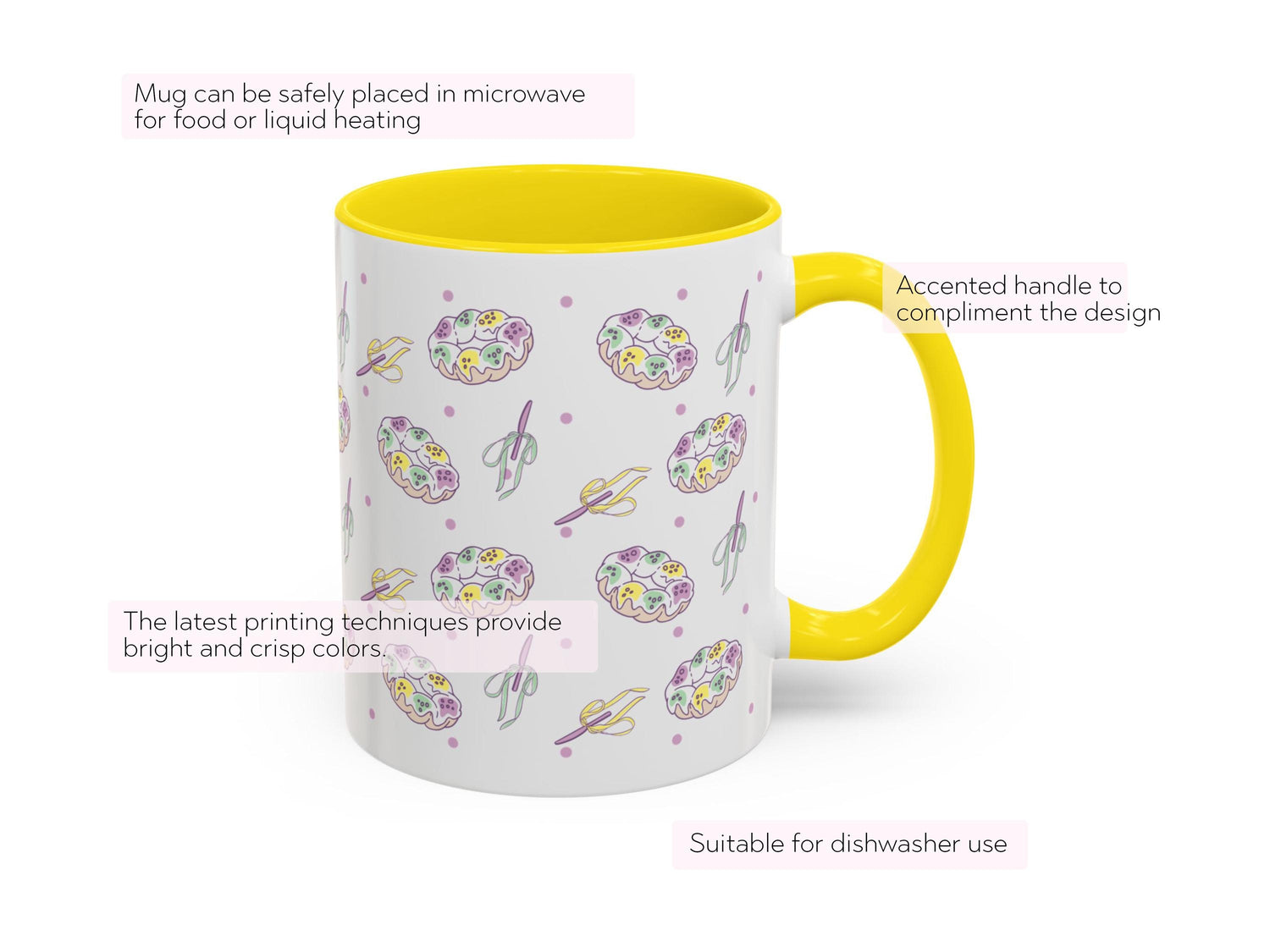 Personalized Mardi Gras King Cake Bow Knife Ceramic Coffee Mug 15 oz Purple Green Gold NOLA Festive Holiday Gift White Custom Name Present - Charles Alex