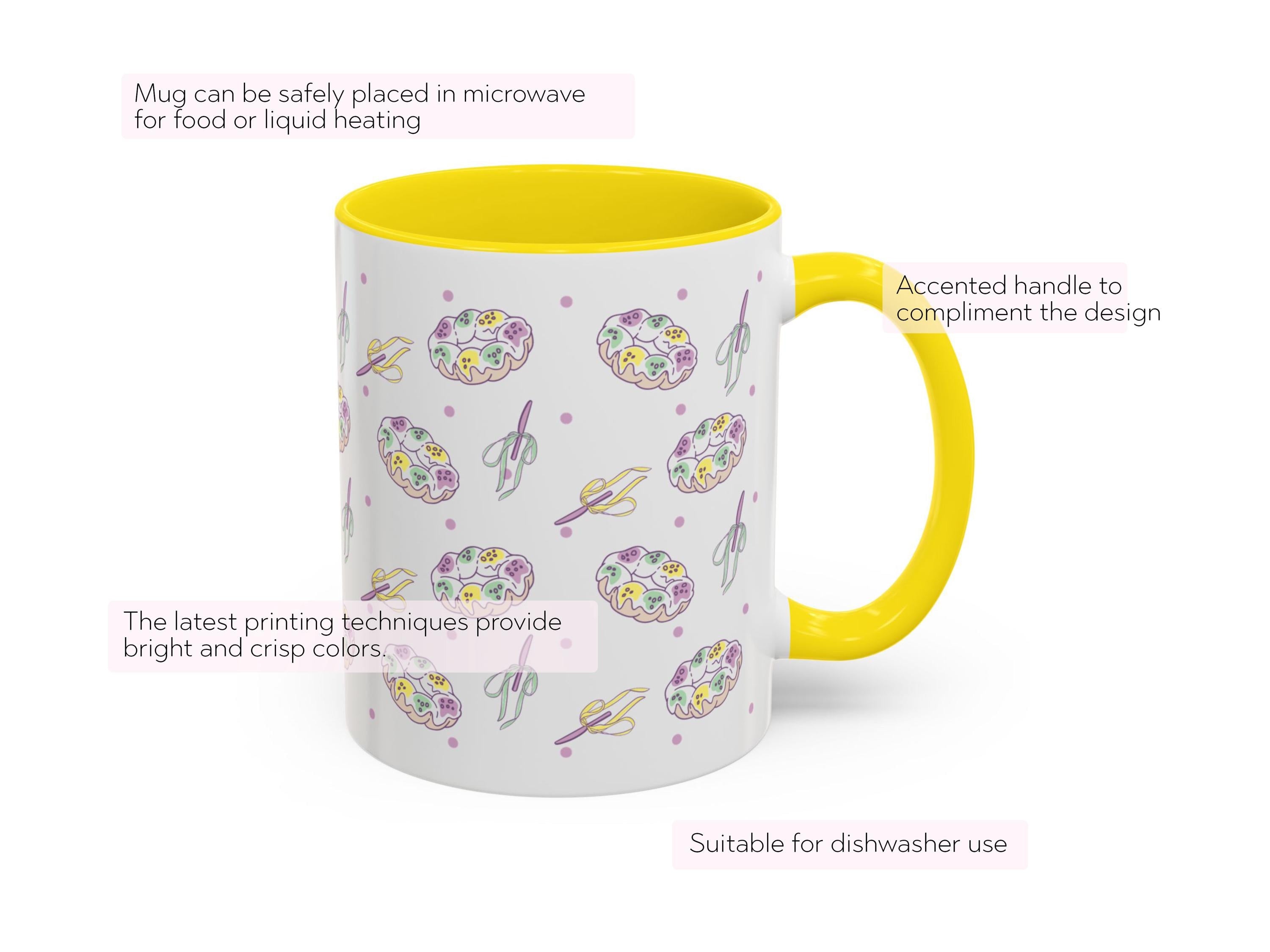 Personalized Mardi Gras King Cake Bow Knife Ceramic Coffee Mug 15 oz Purple Green Gold NOLA Festive Holiday Gift White Custom Name Present - Charles Alex