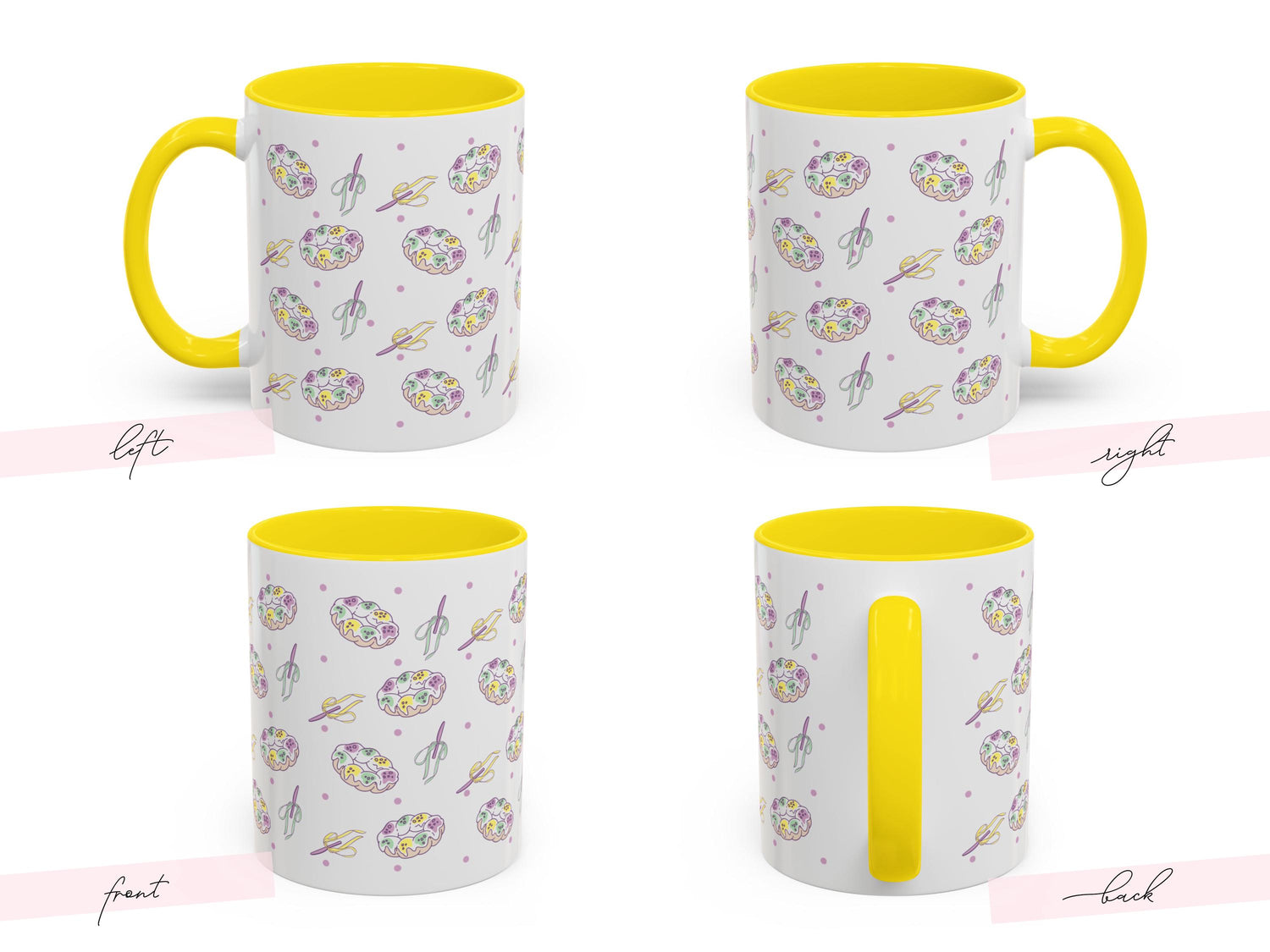 Personalized Mardi Gras King Cake Bow Knife Ceramic Coffee Mug 15 oz Purple Green Gold NOLA Festive Holiday Gift White Custom Name Present - Charles Alex