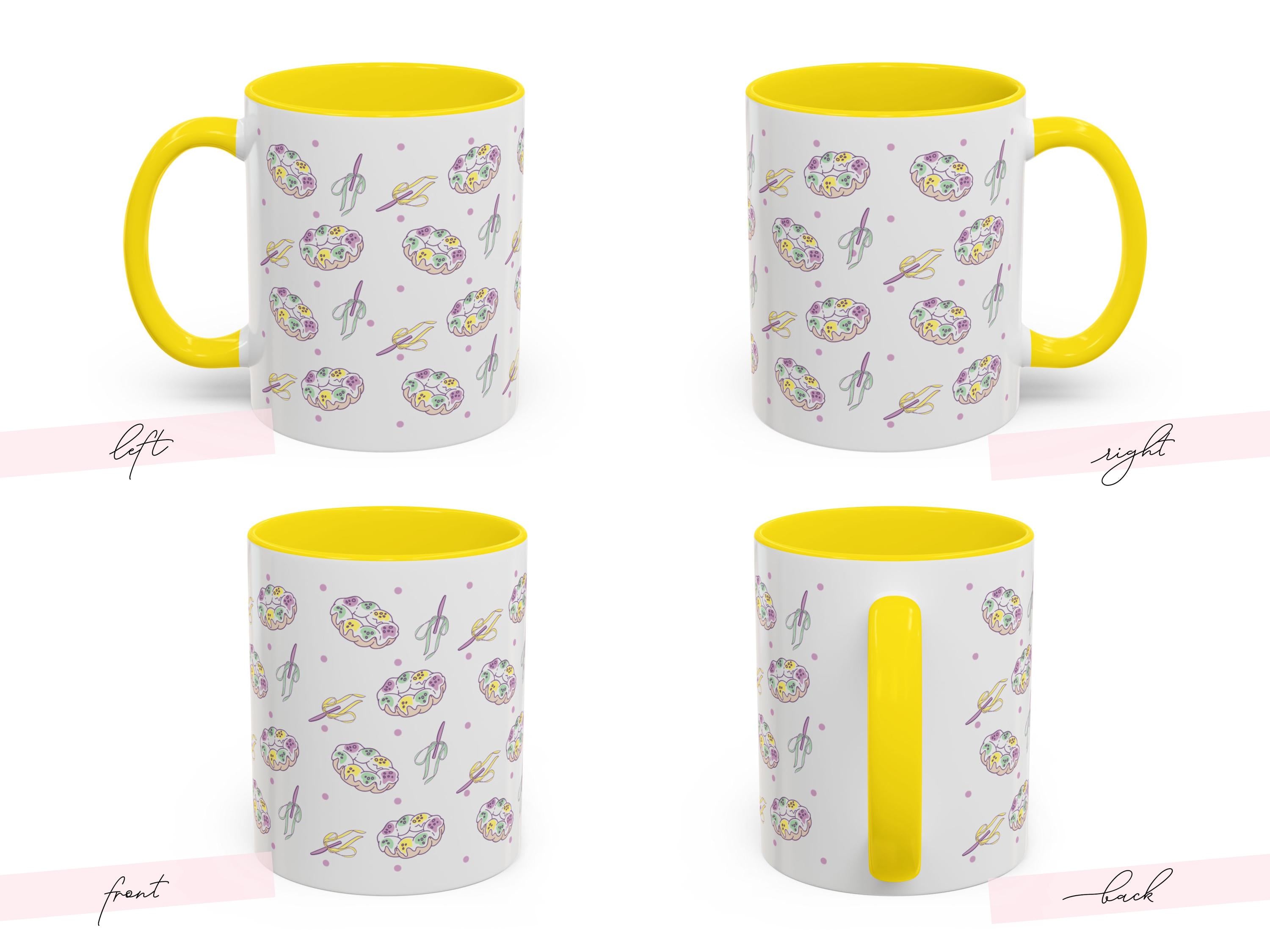 Personalized Mardi Gras King Cake Bow Knife Ceramic Coffee Mug 15 oz Purple Green Gold NOLA Festive Holiday Gift White Custom Name Present - Charles Alex