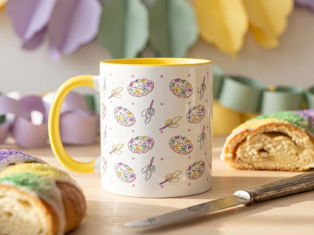 Personalized Mardi Gras King Cake Bow Knife Ceramic Coffee Mug 15 oz Purple Green Gold NOLA Festive Holiday Gift White Custom Name Present