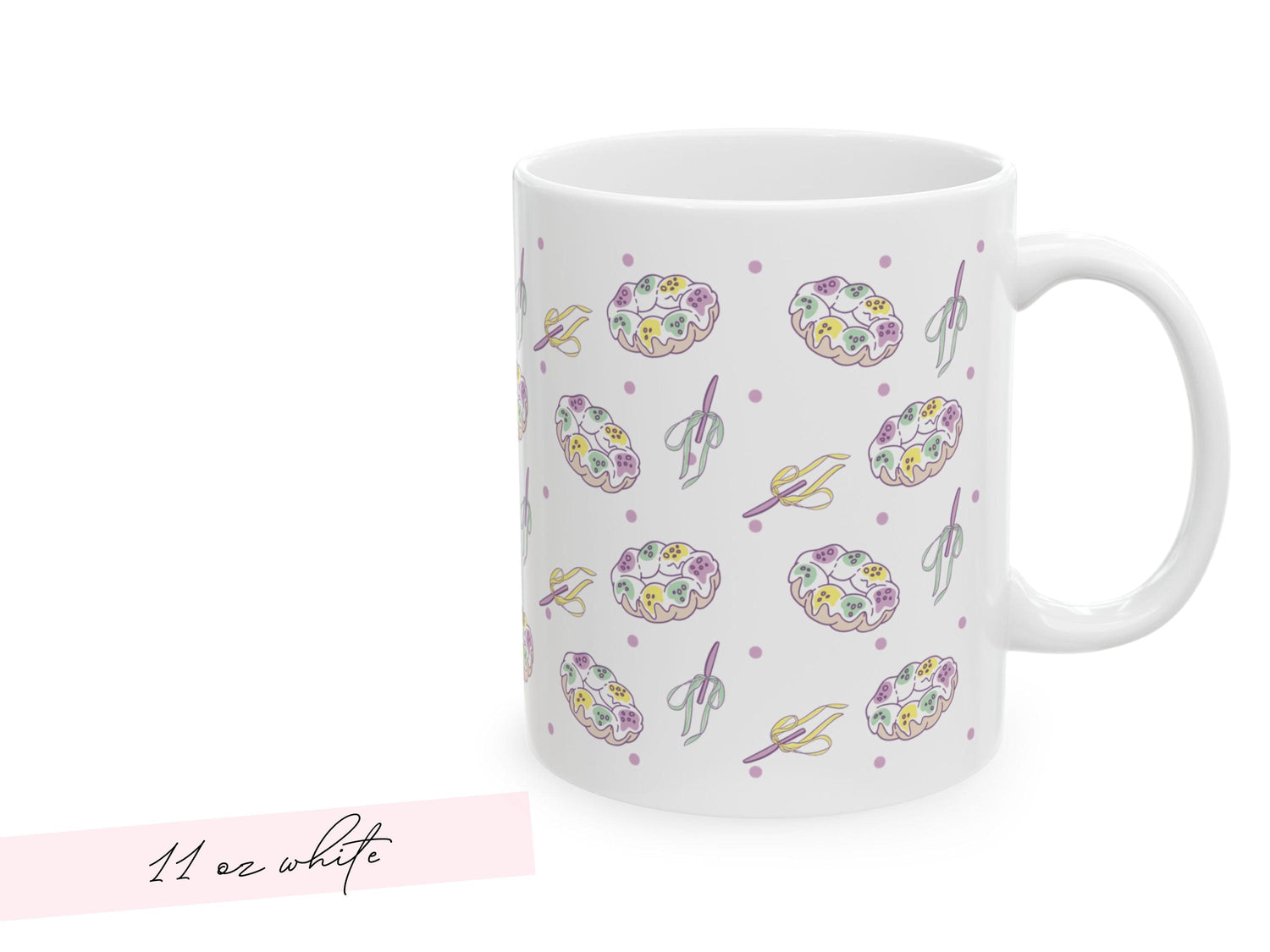 Personalized Mardi Gras King Cake Bow Knife Ceramic Coffee Mug 15 oz Purple Green Gold NOLA Festive Holiday Gift White Custom Name Present - Charles Alex