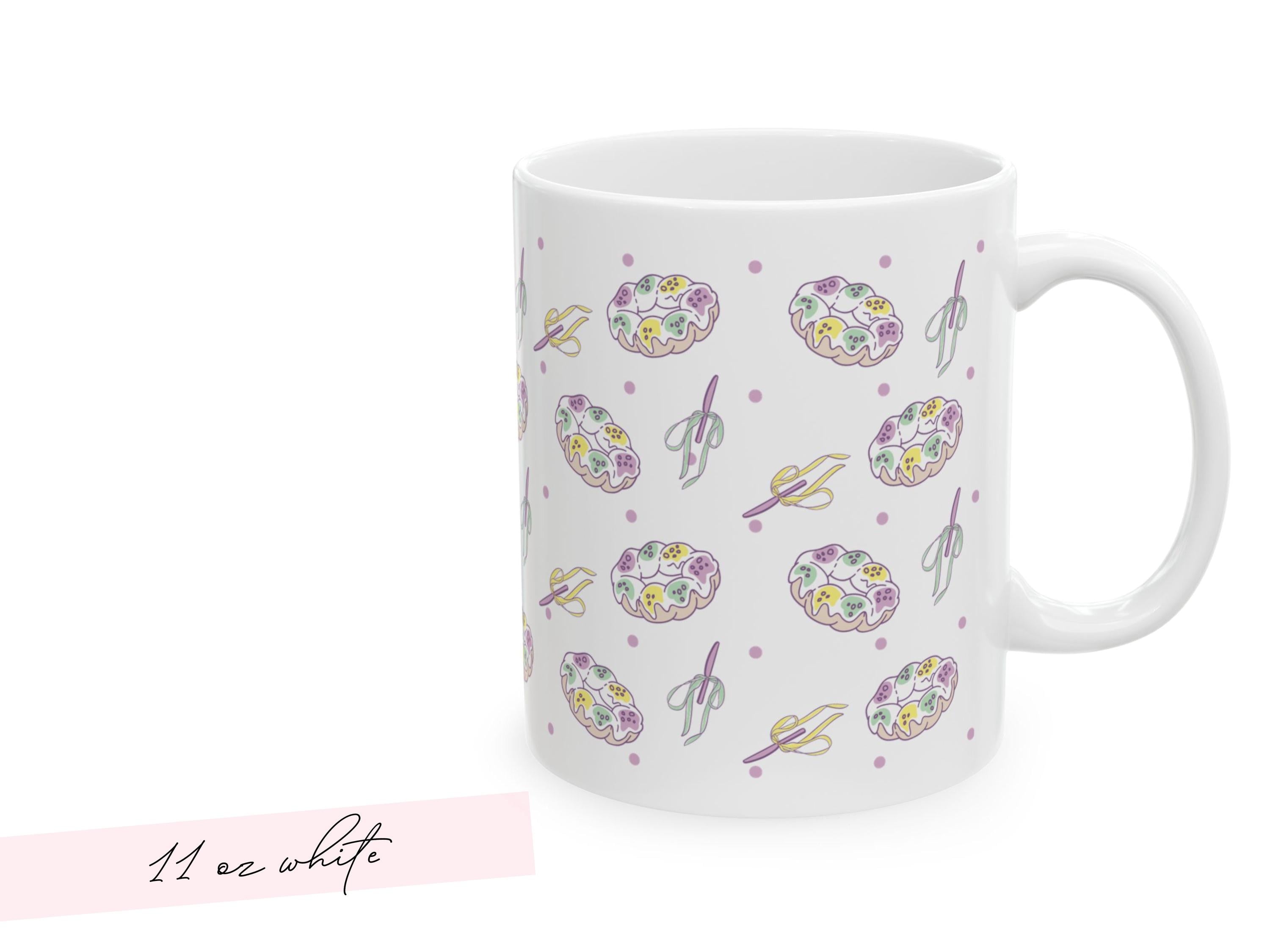 Personalized Mardi Gras King Cake Bow Knife Ceramic Coffee Mug 15 oz Purple Green Gold NOLA Festive Holiday Gift White Custom Name Present - Charles Alex