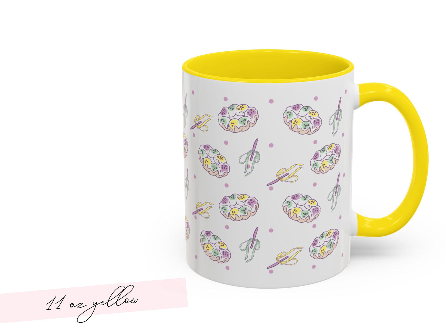 Personalized Mardi Gras King Cake Bow Knife Ceramic Coffee Mug 15 oz Purple Green Gold NOLA Festive Holiday Gift White Custom Name Present - Charles Alex