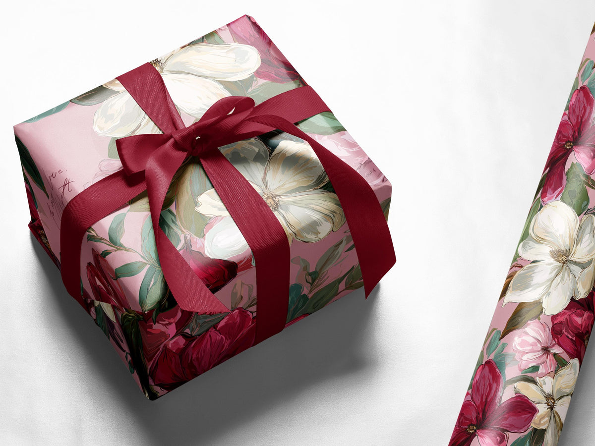 Valentines Magnolia Wrapping Paper Personalized Floral Wrap Romantic Pink Custom Message Gift For Her Anniversary Present Luxury Packaging - Charles Alex