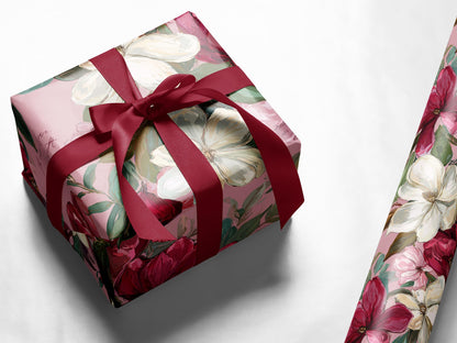 Valentines Magnolia Wrapping Paper Personalized Floral Wrap Romantic Pink Custom Message Gift For Her Anniversary Present Luxury Packaging - Charles Alex