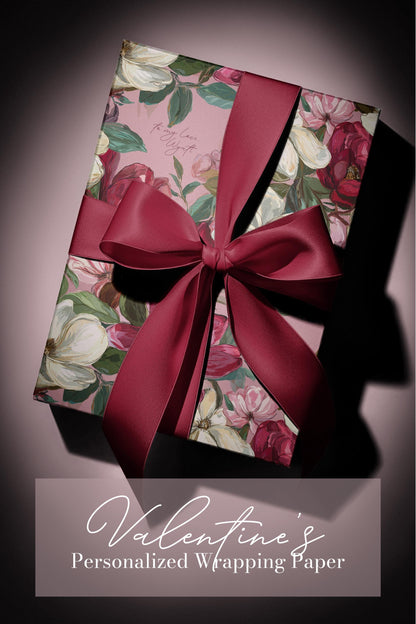 Valentines Magnolia Wrapping Paper Personalized Floral Wrap Romantic Pink Custom Message Gift For Her Anniversary Present Luxury Packaging - Charles Alex