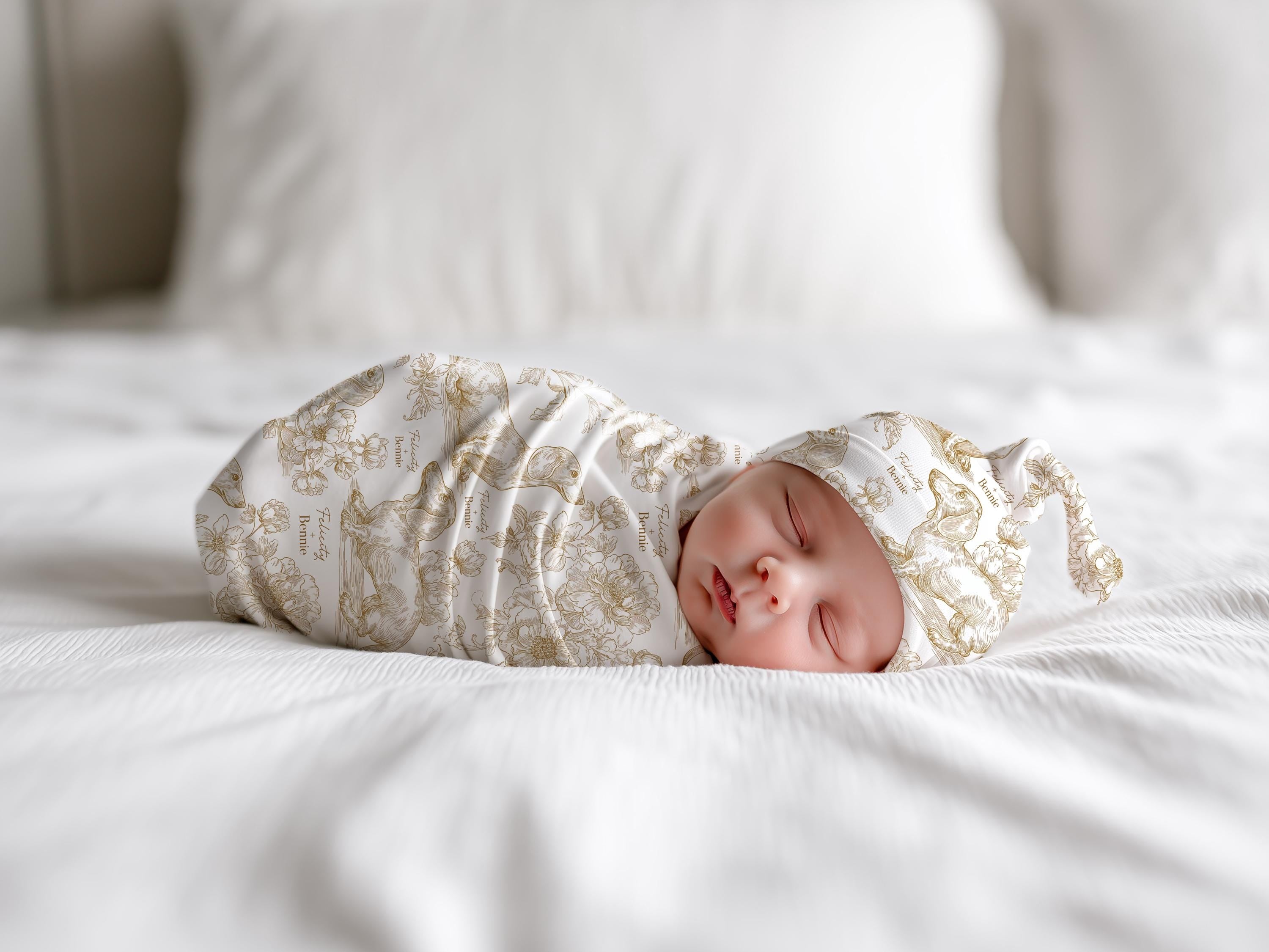 Dachshund Swaddle Blanket Matching Hat Toile Design Gold Floral Nursery Bedding Newborn Photography Prop Jersey Fabric Baby Accessory Minky - Charles Alex