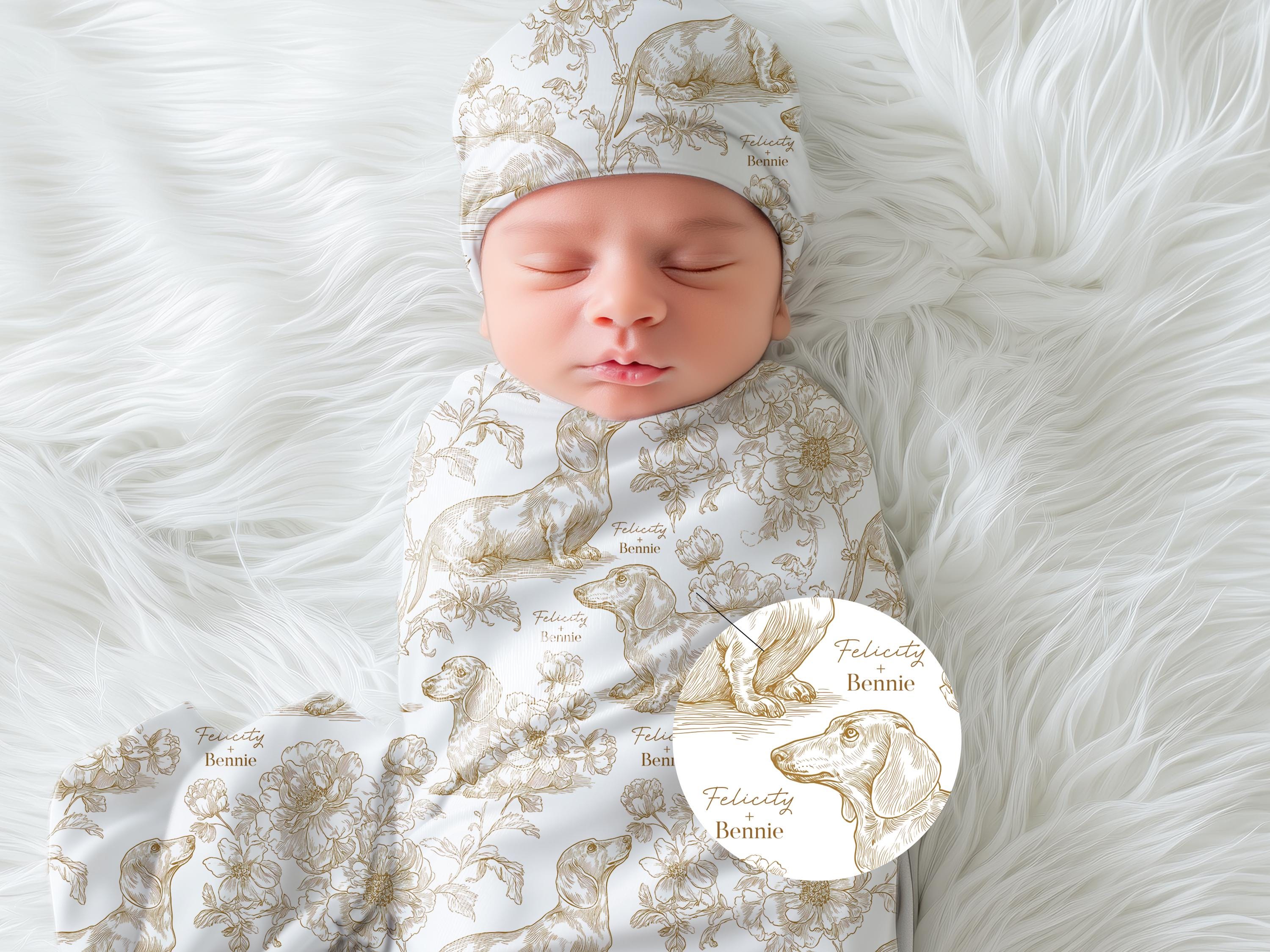 Dachshund Swaddle Blanket Matching Hat Toile Design Gold Floral Nursery Bedding Newborn Photography Prop Jersey Fabric Baby Accessory Minky - Charles Alex