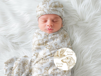 Dachshund Swaddle Blanket Matching Hat Toile Design Gold Floral Nursery Bedding Newborn Photography Prop Jersey Fabric Baby Accessory Minky - Charles Alex