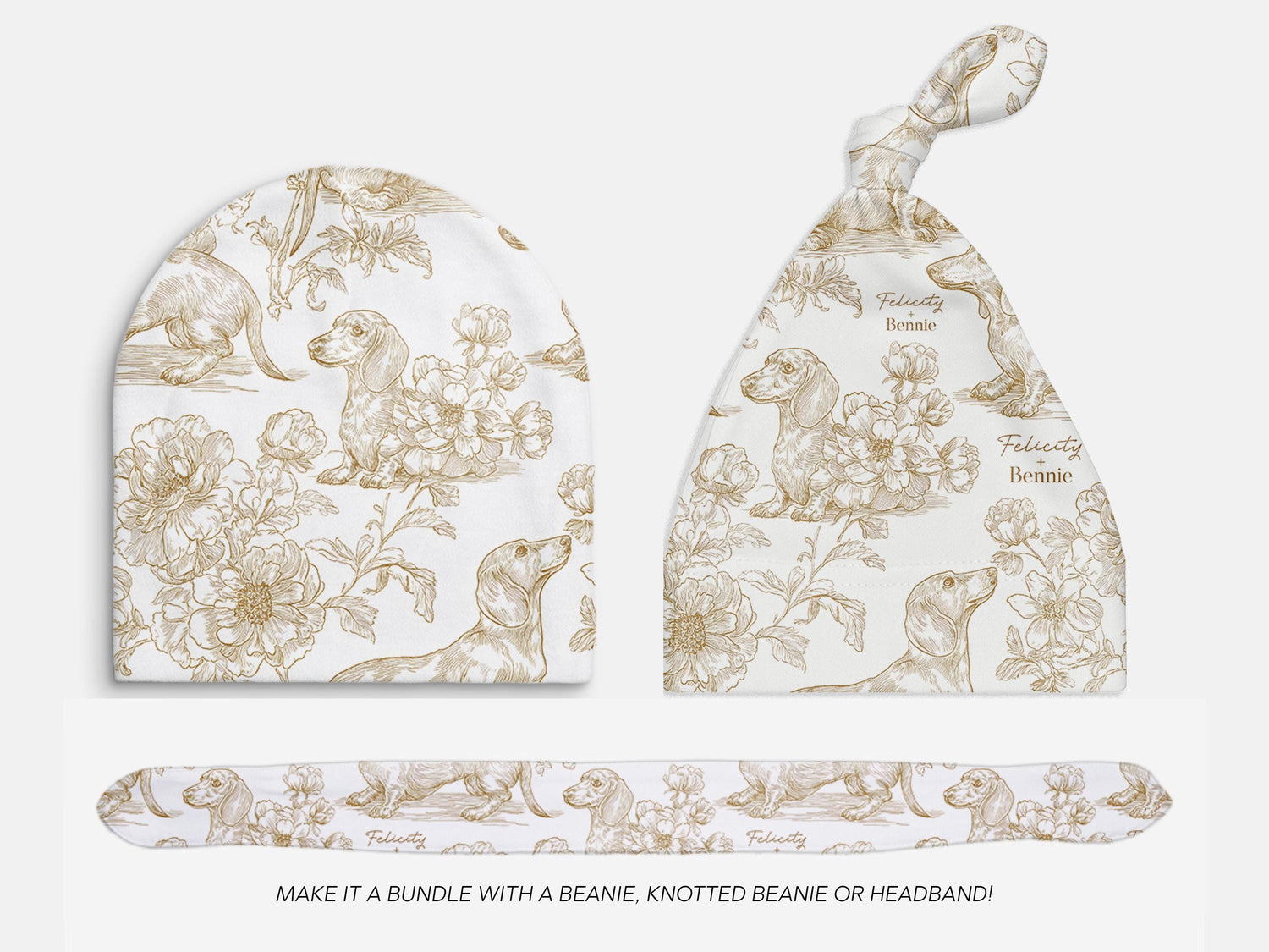 Dachshund Swaddle Blanket Matching Hat Toile Design Gold Floral Nursery Bedding Newborn Photography Prop Jersey Fabric Baby Accessory Minky - Charles Alex
