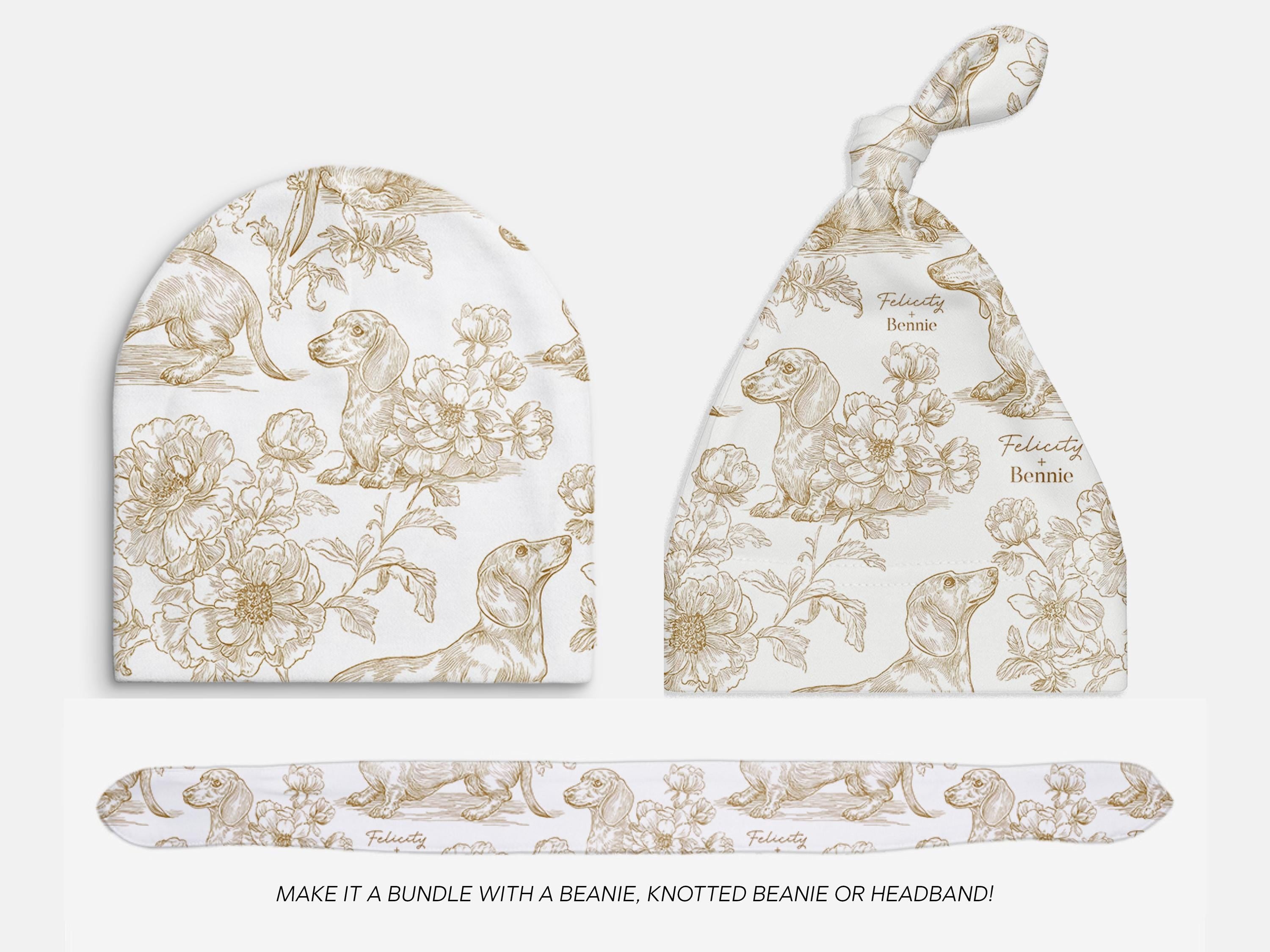 Dachshund Swaddle Blanket Matching Hat Toile Design Gold Floral Nursery Bedding Newborn Photography Prop Jersey Fabric Baby Accessory Minky - Charles Alex