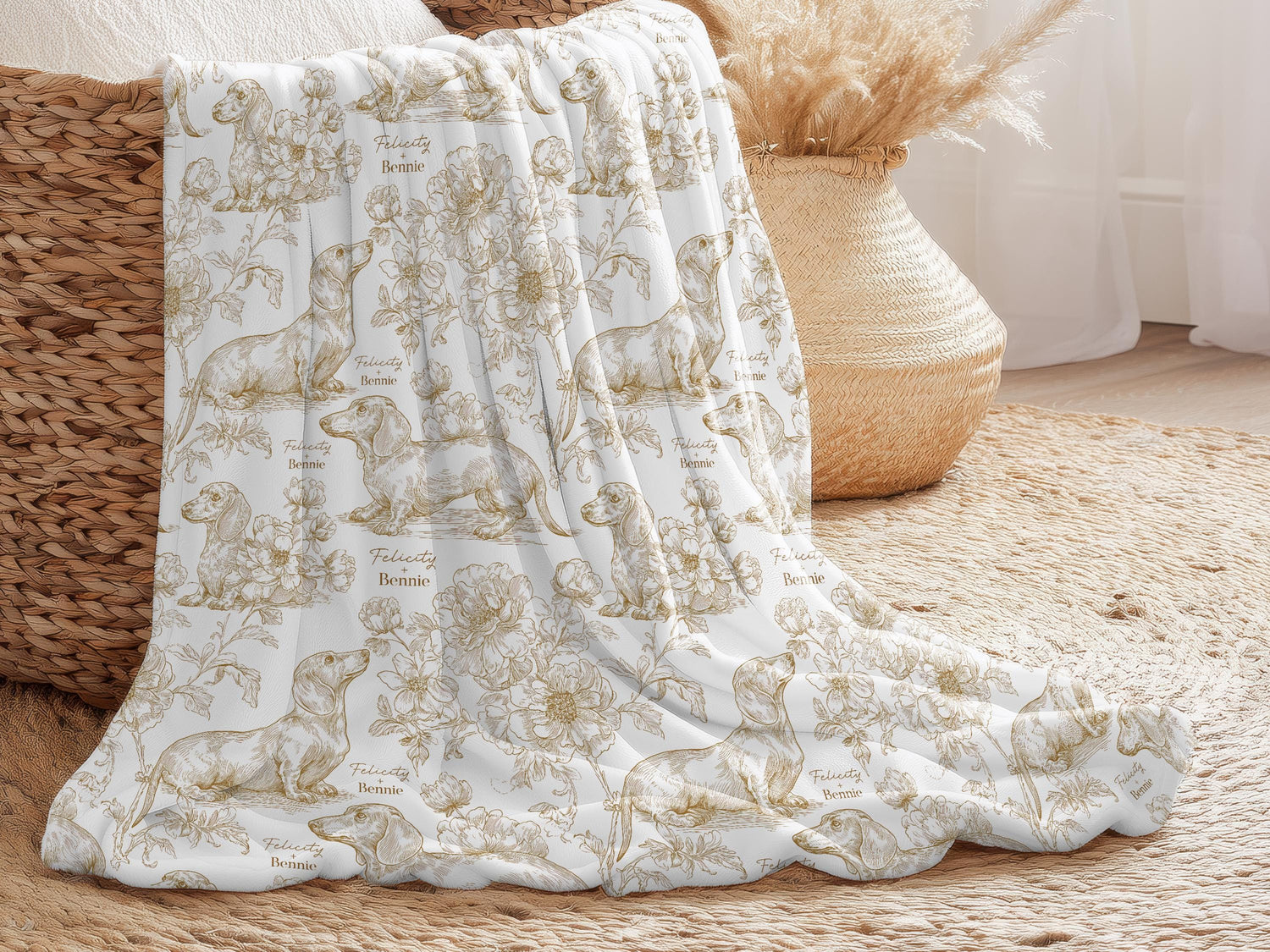 Dachshund Swaddle Blanket Matching Hat Toile Design Gold Floral Nursery Bedding Newborn Photography Prop Jersey Fabric Baby Accessory Minky - Charles Alex