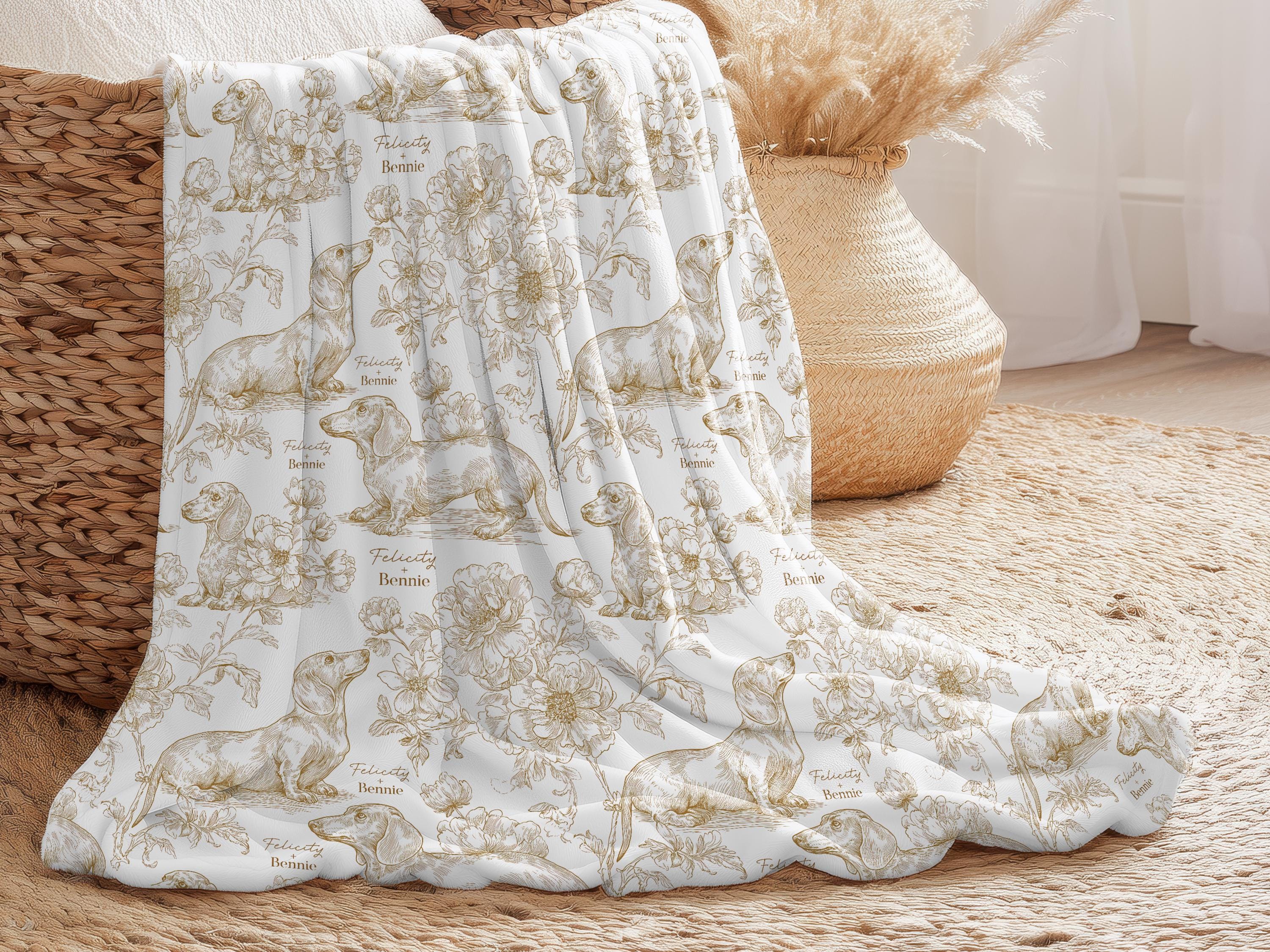 Dachshund Swaddle Blanket Matching Hat Toile Design Gold Floral Nursery Bedding Newborn Photography Prop Jersey Fabric Baby Accessory Minky - Charles Alex