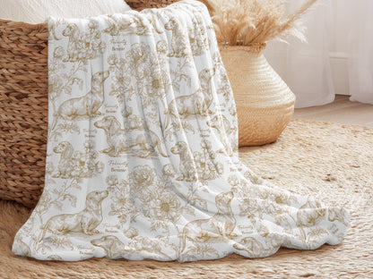 Dachshund Swaddle Blanket Matching Hat Toile Design Gold Floral Nursery Bedding Newborn Photography Prop Jersey Fabric Baby Accessory Minky - Charles Alex