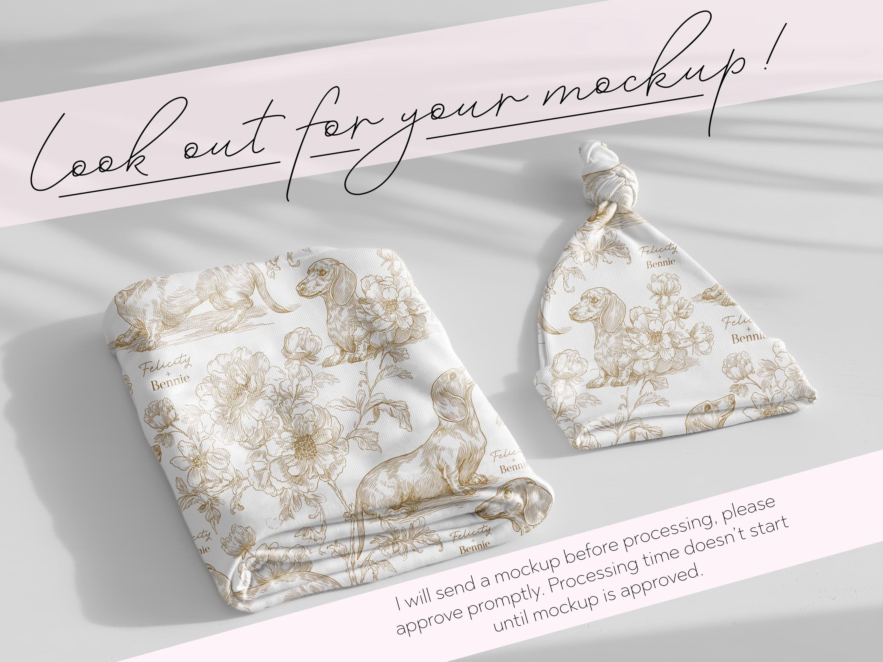 Dachshund Swaddle Blanket Matching Hat Toile Design Gold Floral Nursery Bedding Newborn Photography Prop Jersey Fabric Baby Accessory Minky - Charles Alex