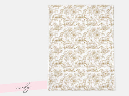 Dachshund Swaddle Blanket Matching Hat Toile Design Gold Floral Nursery Bedding Newborn Photography Prop Jersey Fabric Baby Accessory Minky - Charles Alex